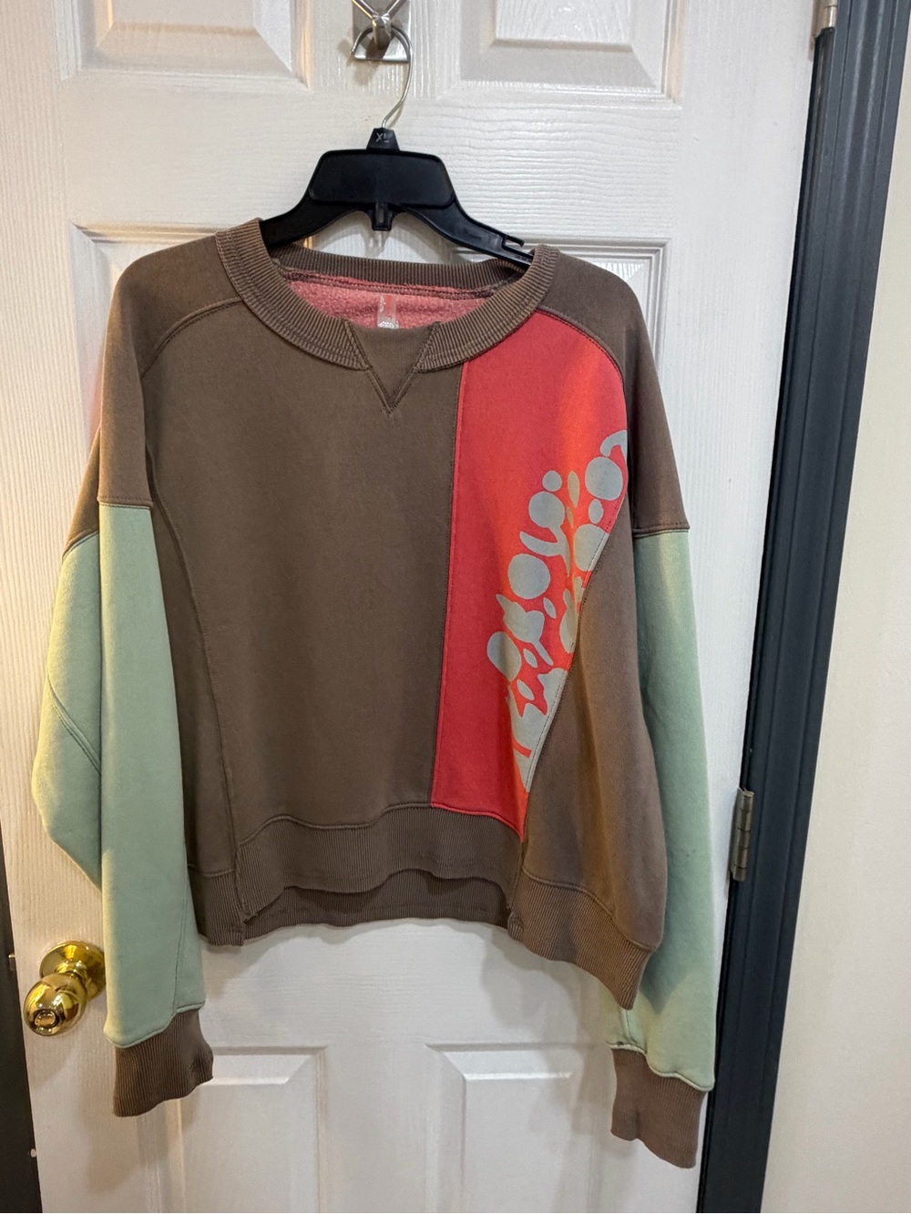 Free People Colorblock Crewneck Sweatshirt in Brown, Mint & Red
